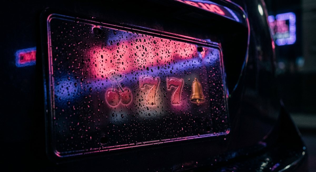 Plat kendaraan hitam mengkilap dengan pantulan cahaya neon