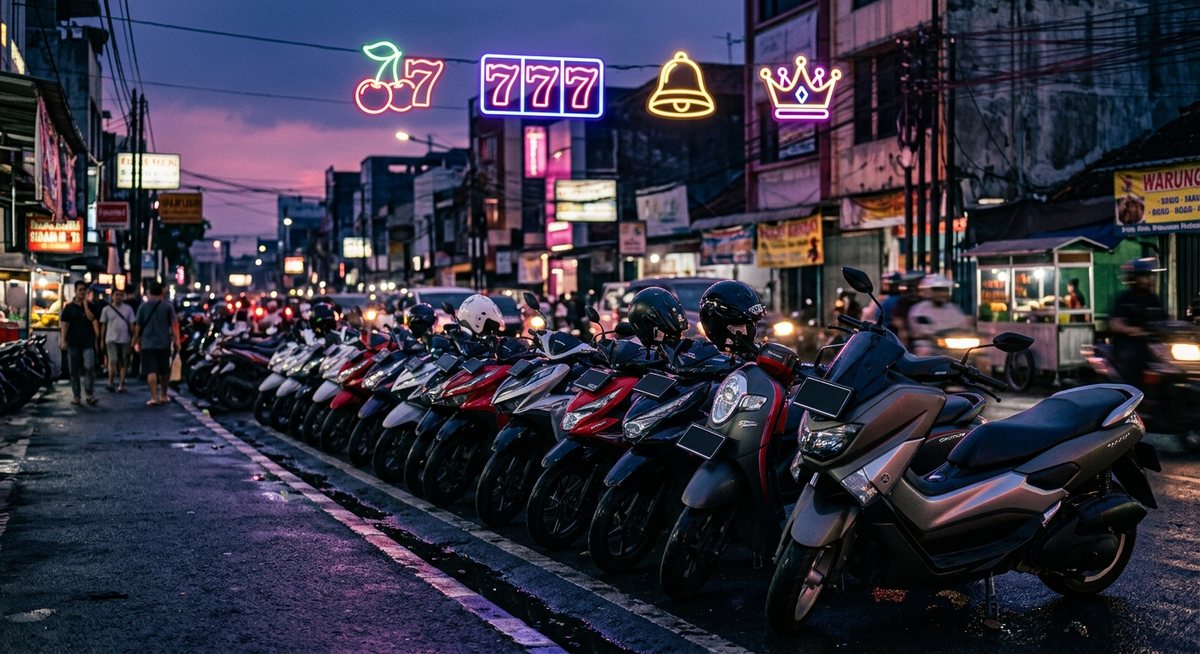 Barisan motor dengan plat nomor mengkilap di tepi jalan kota saat senja