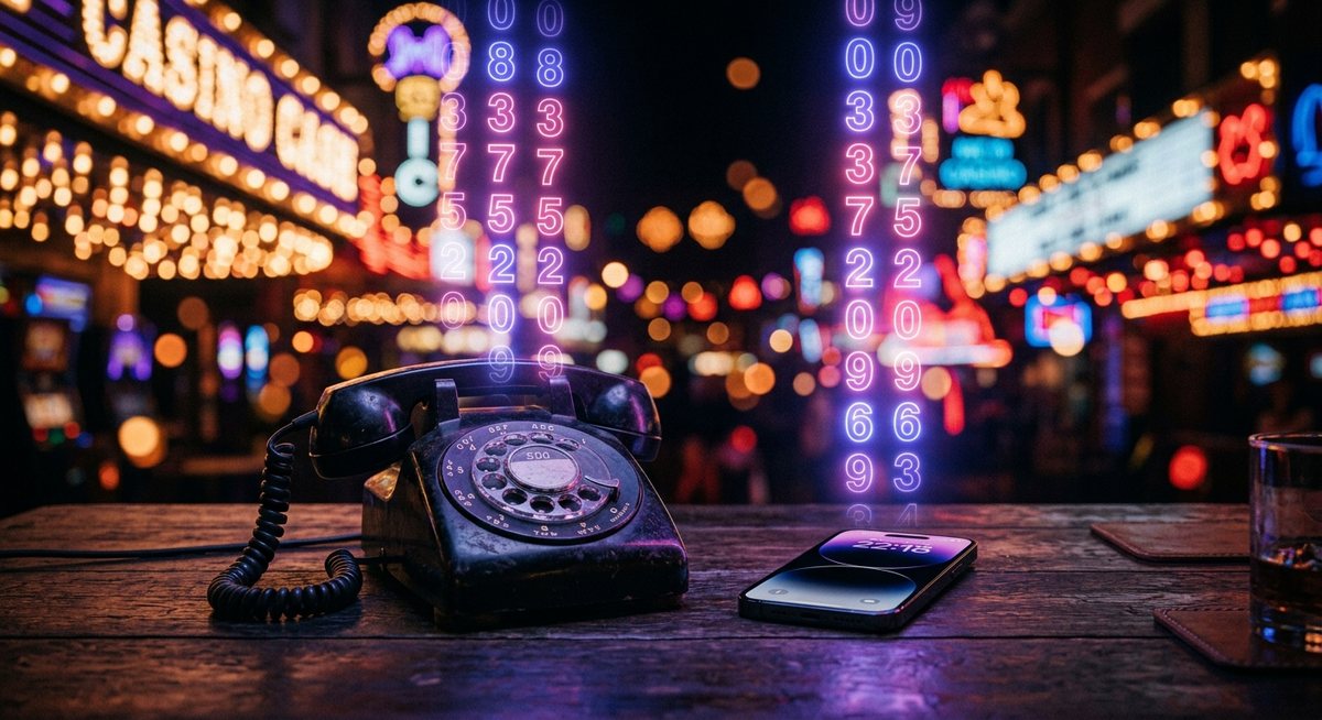Telepon putar tua dan ponsel modern di atas meja gelap dengan angka kode menyala